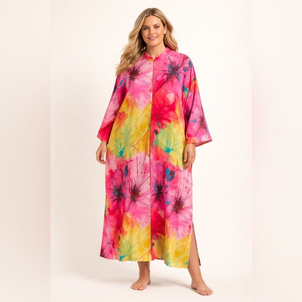 Natori Watercolor Floral Zip-Front Kaftan Dress Size XXL Bright Pink Yellow
